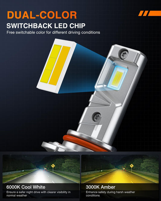 LED Headlight CS1 9005/HB3 Switchback LED Bulbs, 500% Brighter Dual Color White Yellow Driving Fog Lights Replacement, 3000k/6000k, Wireless Compact Size, 2-Pack