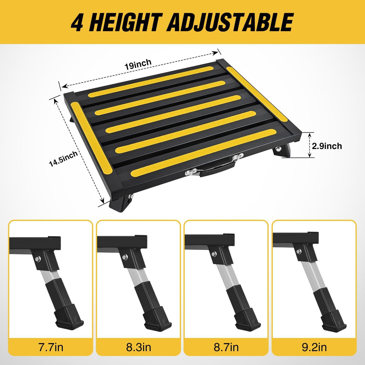 RV Step Stool Aluminum Folding Platform Steps 19x14.5 RV Steps 4 Levels Adjustable Heavy Duty Step Stool with Anti-Slip Surface Rubber Feet Portable Handle 500lbs for Camper Trailer, Black