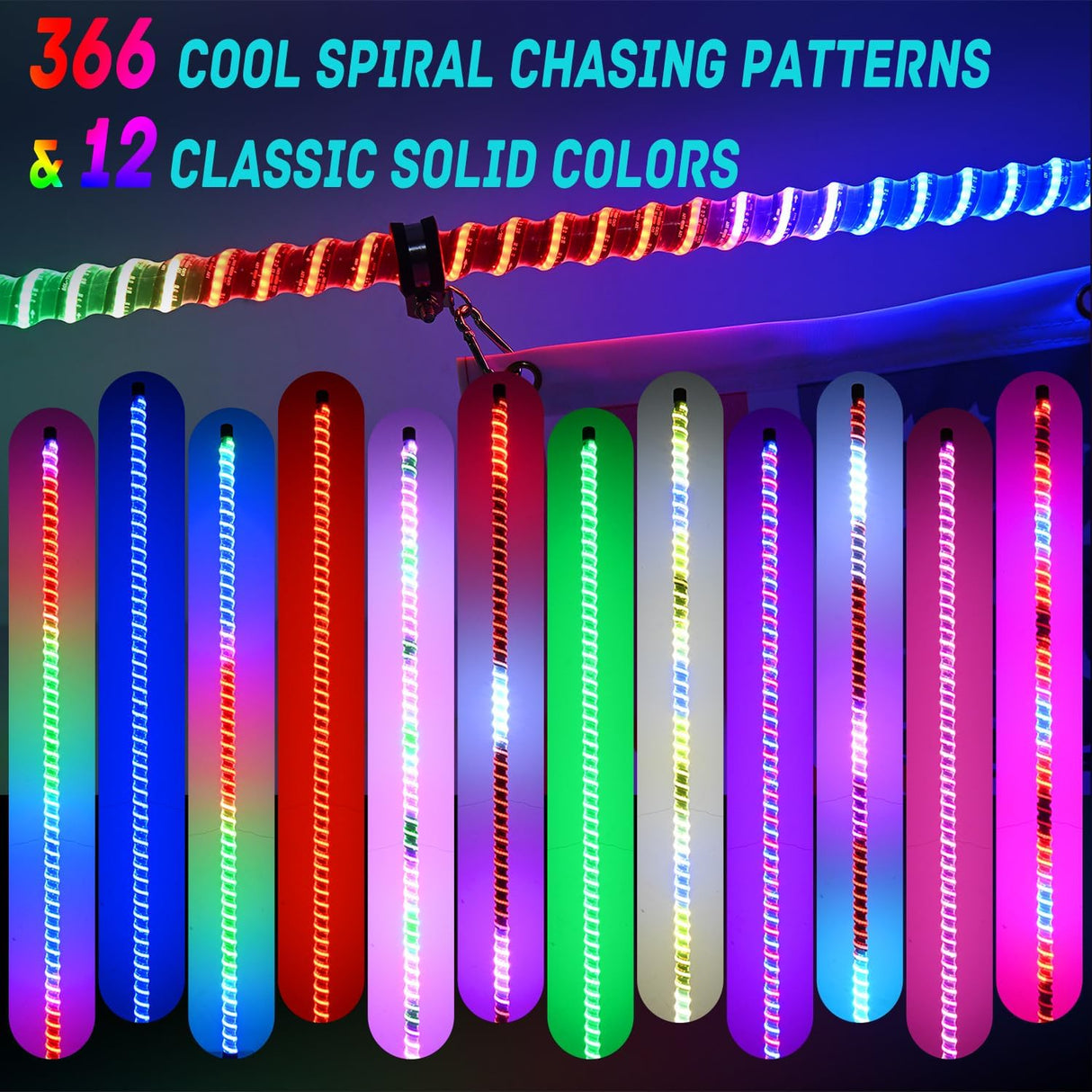 COB RGB LED Whip Light 1PC 2FT Spiral Antenna Whips | Bluetooth APP and Remote Control with DIY Chasing Patterns Music Sync and Spring Base for ATV UTV RZR Can Am and Truck