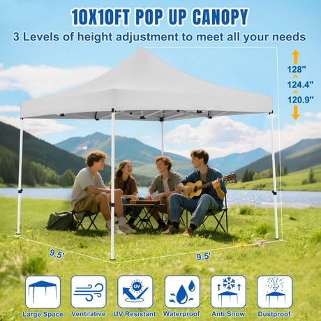 10x10 Pop Up Canopy Tent with 4 Sidewalls Portable Folding Outdoor Canopy Easy Setup Gazebo Waterproof Instant Popup Shelter Tent w Wheel Carry Bag sandbags for Events Parties Camping, White