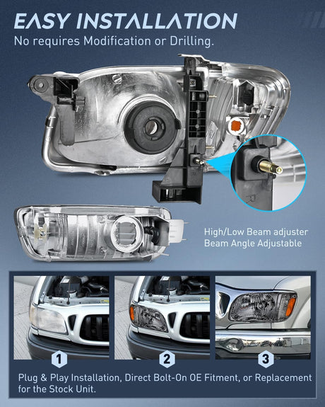 Headlight Assembly for 2001 2002 2003 2004 Toyota Tacoma Replacement Headlamp Chrome Housing Amber Reflector Smoke Lens Driver and Passenger Side