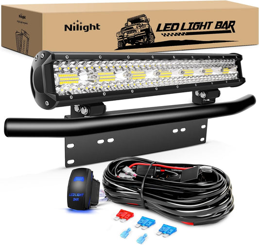 20" 420W 42000LM Triple Row Spot/Flood LED Light Bar W/ Front License Plate Frame Bracket | 16AWG Wire 5Pin Switch Nilight