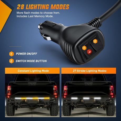 48 Inch Truck Tailgate Strobe Light Strip Tail Emergency Bar Rear Window Warning Lamp Ultra-Bright Double Row 288 LED for Pickup Trailers Construction Vehicles Car SUV, Amber White