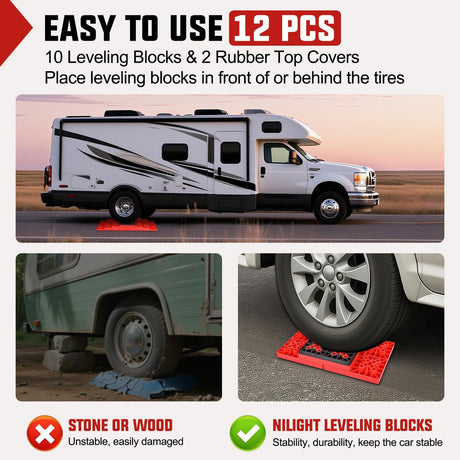 RV Leveling Blocks 12 Pack Interlocking Design Stabilizer Block Anti-Slip Rubber Covers Customizable Height with Carrying Bag for Rv Camper Travel Trailer