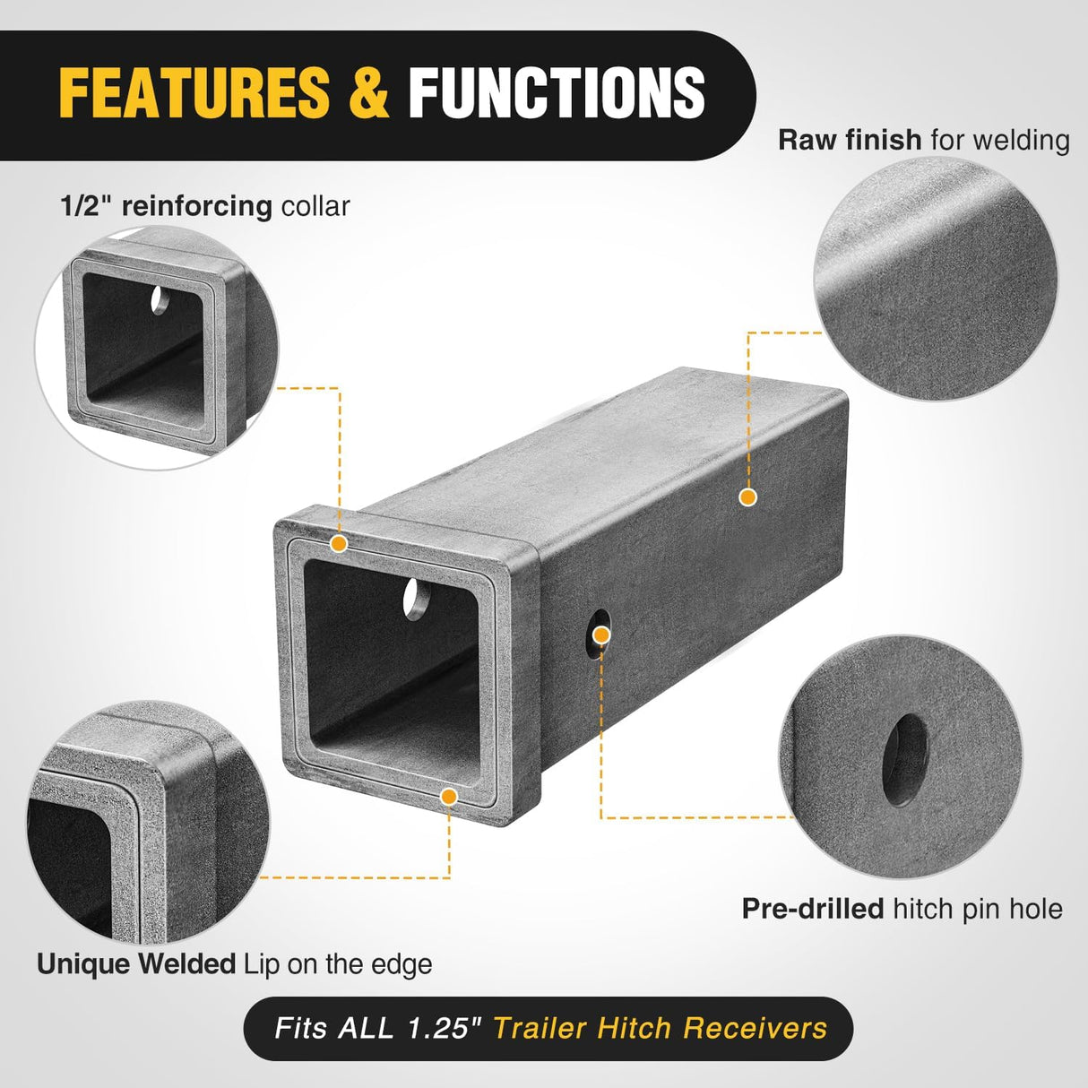 Hitch Adapter 1-1/4 Inch x 6 Inch Combo Bar Trailer Receiver Tube Weld-on Raw Steel Hitch Bar