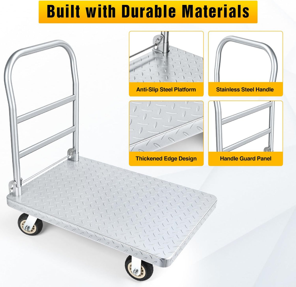 Stainless Steel Platform Cart 1320 lbs Heavy Duty Flatbed Push Dolly with 5 Inch Rubber Wheels 36 x 24 Inch Platform Truck for Warehouse Industrial Use Black