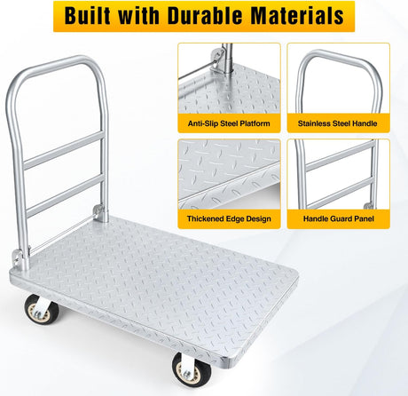 Stainless Steel Platform Cart 1320 lbs Heavy Duty Flatbed Push Dolly with 5 Inch Rubber Wheels 36 x 24 Inch Platform Truck for Warehouse Industrial Use Black