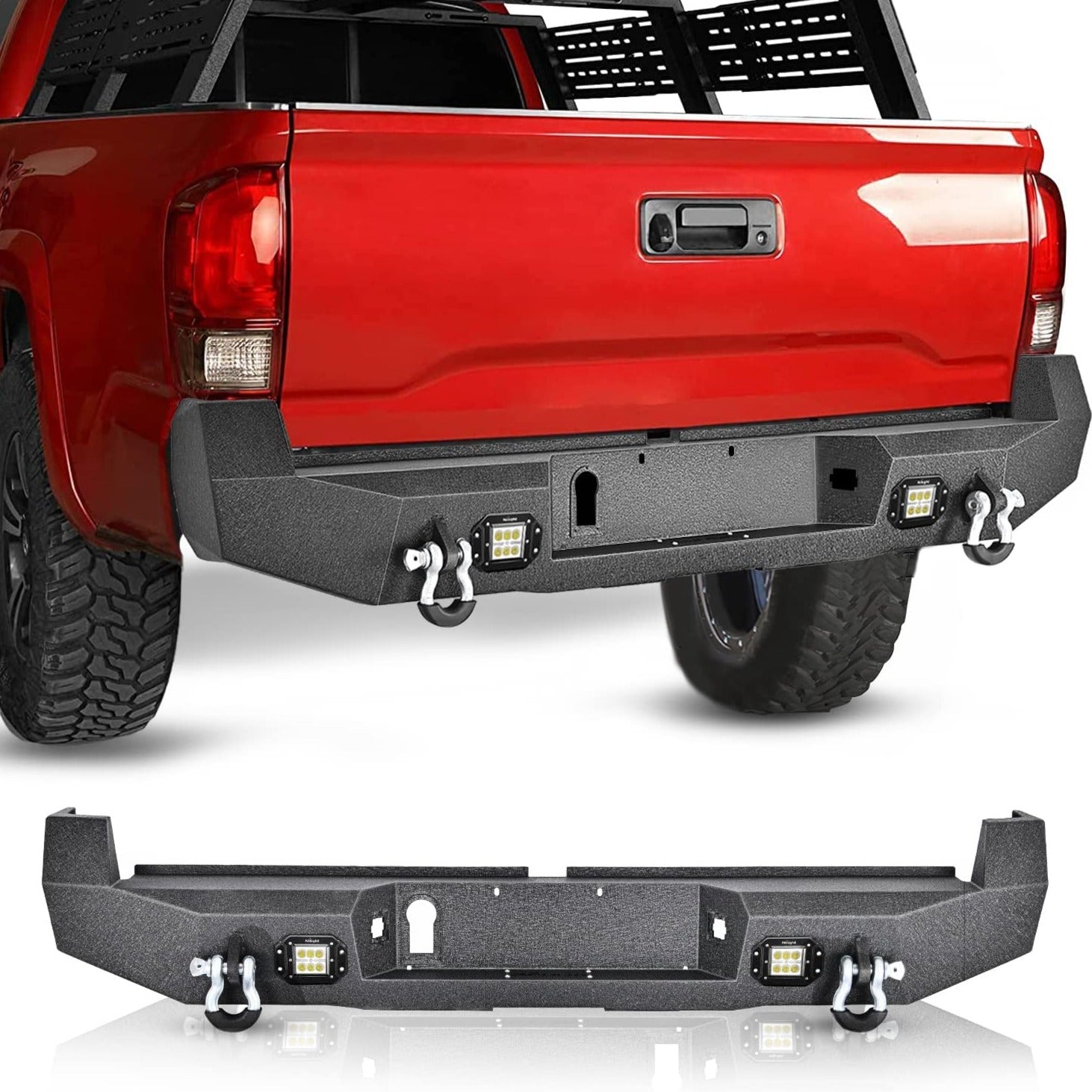 2016-2024 Toyota Tacoma Rear Step Bumper Full Width Textured Black Solid Steel Off-Road with 2Pcs Upgraded 18W LED Lights D-Rings Nilight