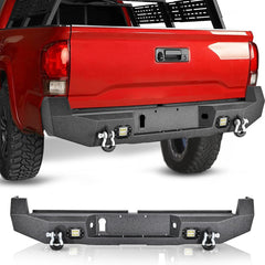 2016-2024 Toyota Tacoma Rear Step Bumper Full Width Textured Black Solid Steel Off-Road with 2Pcs Upgraded 18W LED Lights D-Rings
