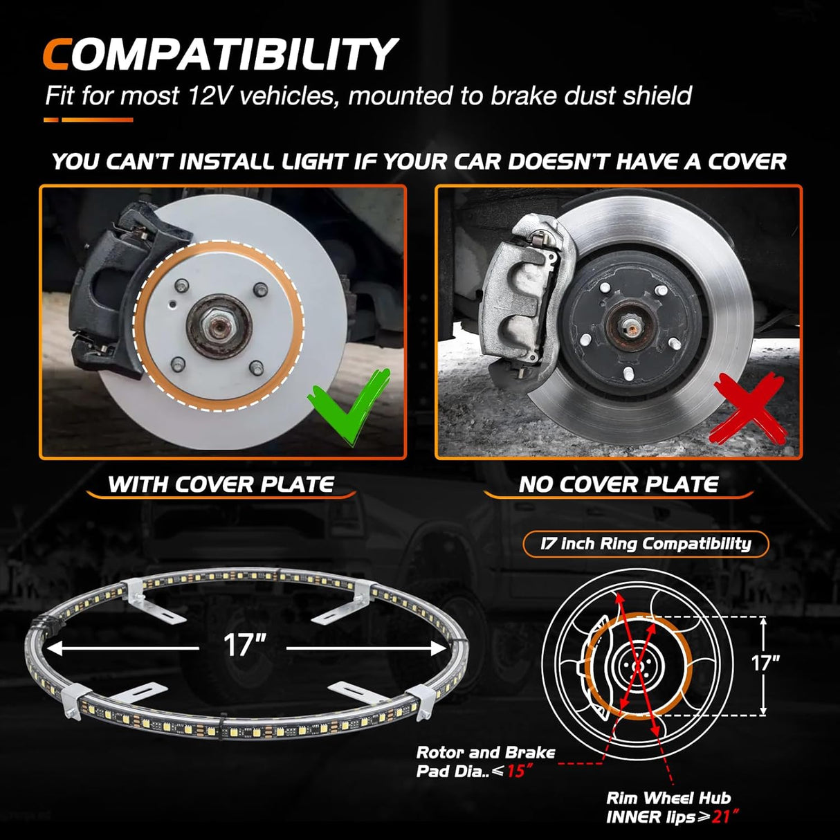 4PCS 17inch Double Row LED Wheel Ring Lights Pure White with Remote Control w/Turn Signal Braking and Reverse Function Dual Row for Car Van SUV Truck