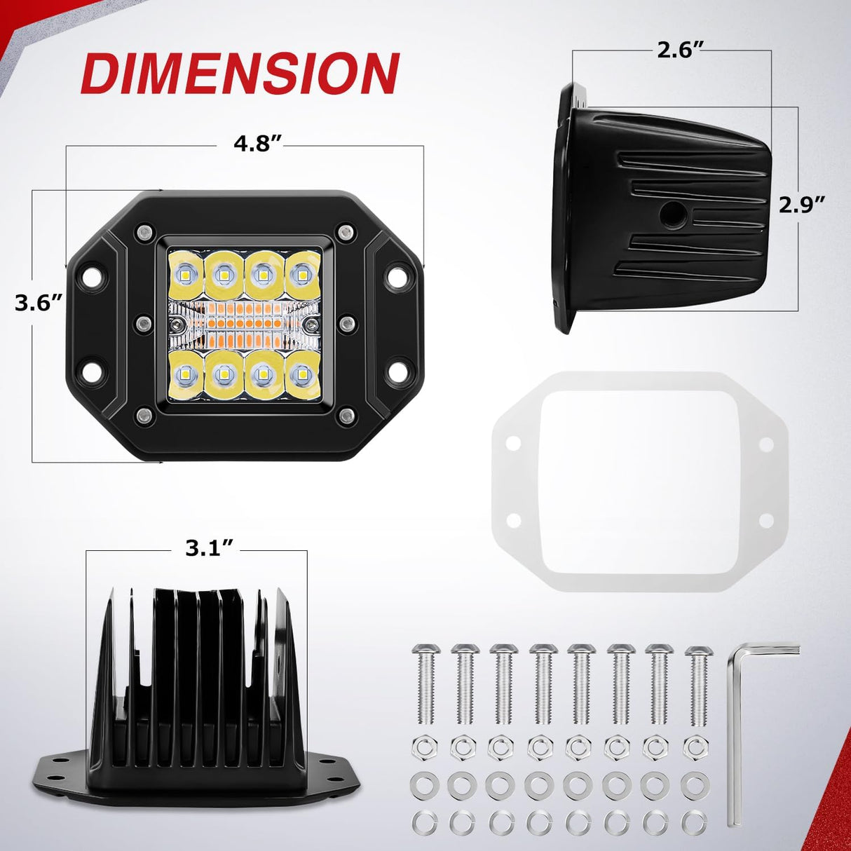 Flush Mount LED Light Pods 2PCS 42W Amber White 3 Lighting Modes Fog Lights Spot Flood Combo Beam with Dual Control 18AWG Wiring Harness for Truck Pickup Golf Cart UTV ATV SUV Boat 4x4 Car
