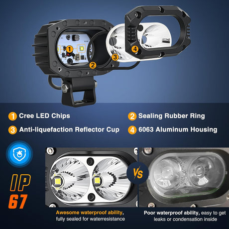 LED Pod Light 24W 4 Inch 2PCS White Flood Beam Driving Lights LED Pods IP67 Waterproof Auxiliary Offroad Lighting for Truck Tractor SUV ATV UTV Golf Cart Boat Motorcycle Dirt Bike