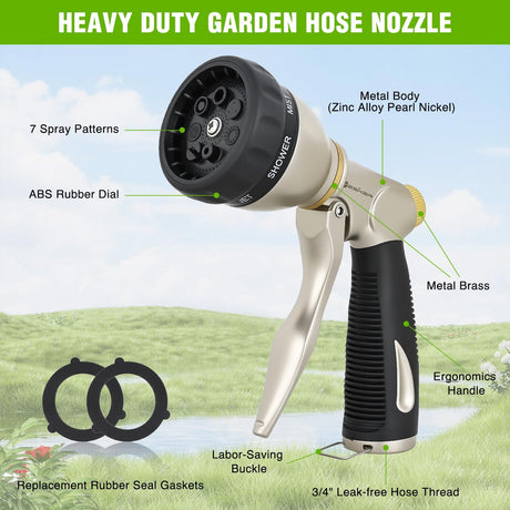 Garden Hose Nozzle, Water Hose Sprayer Nozzle Adjustable 7 Spray Patterns Heavy Duty Metal Water Nozzles for Hose Outdoor with Non-Slip Rubber Grip for Watering Plants Lawns Washing Cars Pets