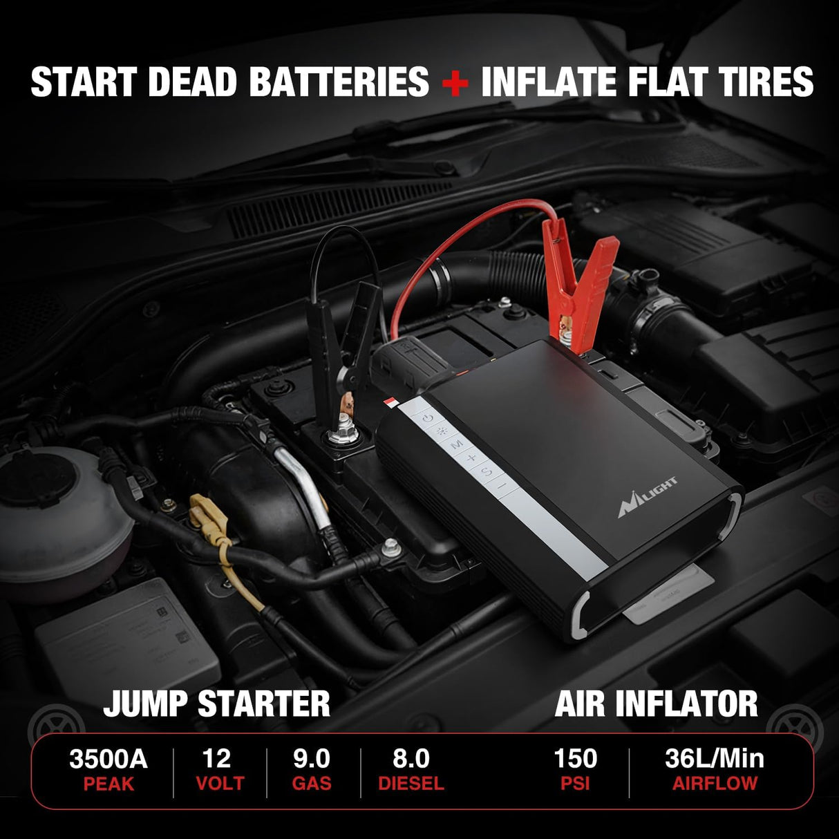 Jump Starter with Air Compressor 3500A 150PSI Portable Car Battery Booster 9.0 Gas & 8.0L Diesel with Auto-Shutoff Digital Tire Inflator 12V Battery Power Supply w/Large LCD Display