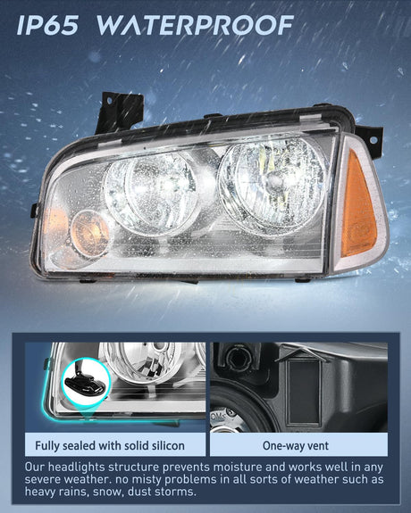 Headlight Assembly Compatible with 2006 2007 2008 2009 2010 Dodge Charger Chrome Housing Amber Reflector Clear Lens Headlights Replacement Bumper Lamp Set Driver and Passenger Side