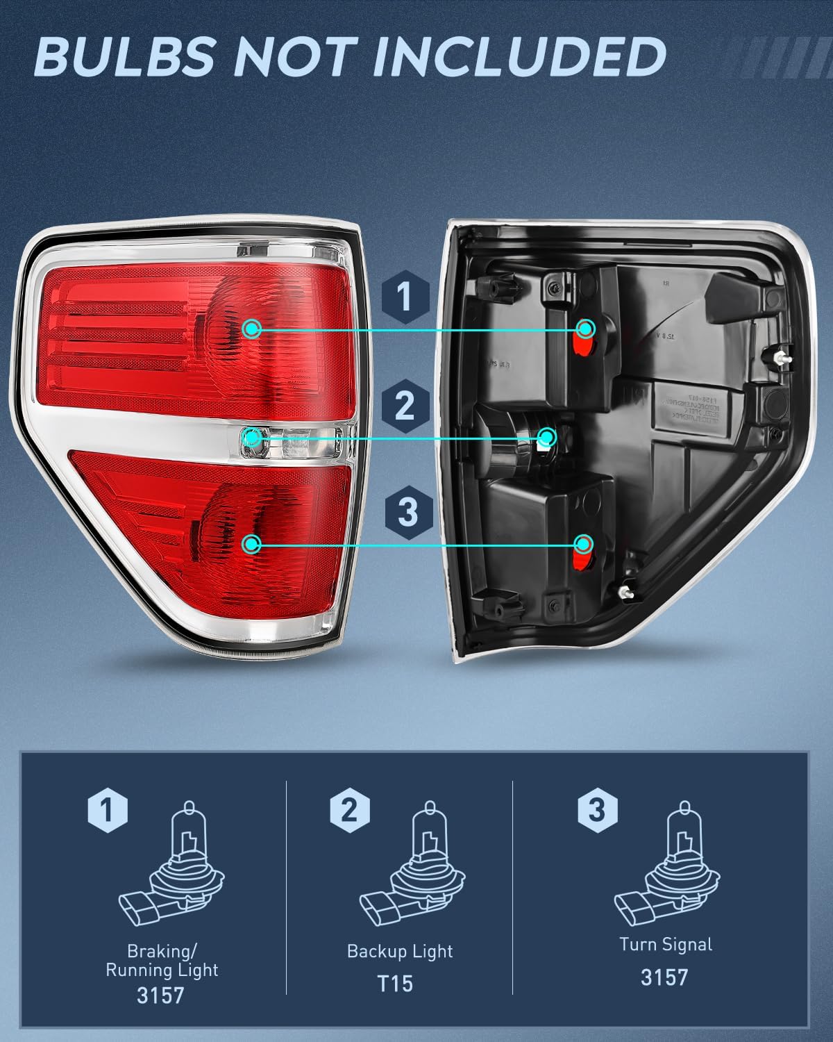 Taillight Assembly Compatible with 2009 2010 2011 2012 2013 2014 Ford F-150 Pickup Truck Taillights Rear Lamp Replacement OE Style Red Housing Driver and Passenger Side Chrome Trim