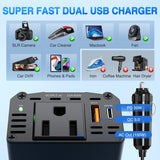 150W Power Inverter 12V DC to 110V AC Car Converter with PD 30W USB C & QC3.0 for Phones Tablets Laptop Computer Game Console Kindle iPad DVD Players Black