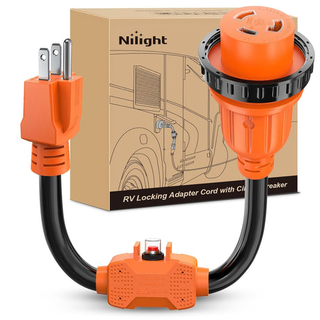 RV Locking Adapter Cord with Circuit Breaker Overload Protector 15 Amp to 30 Amp Plug 110V Electrical 10 Gauge Wire ETL Listed 5-15P to L5-30R 15M/30F Weatherproof for RV Camper Caravan Van