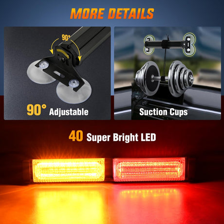 40LED Amber Red Emergency Strobe Traffic Advisor Light Bar with Suction Cups Dash Safety Warning Hazard Flashing Lights Interior Front/Rear Windshield for Trucks Construction Vehicles
