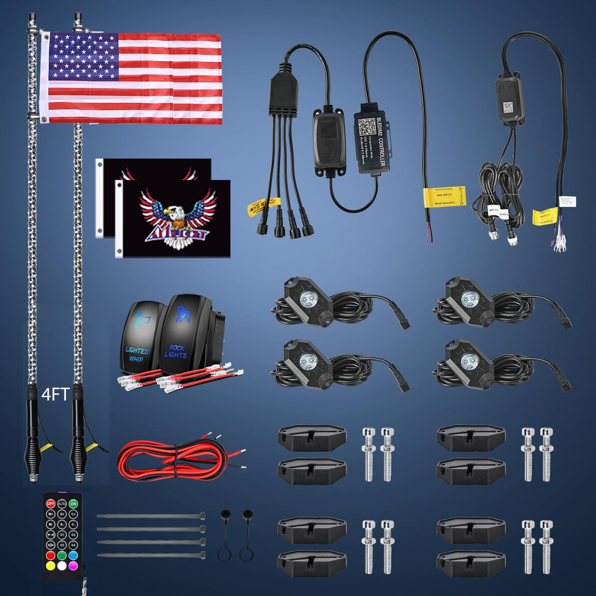 RGB LED Whip Light 2PCS 4FT with 4 Rock Lights Combo | APP and Remote Control with DIY Chasing Patterns Turn Signal Brake Reverse Functions and Spring Base for ATV UTV RZR and Jeep