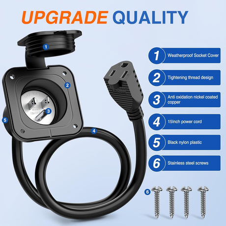 15 AMP RV Power Flanged Inlet 125V AC Port Shore Receptacle with Extension Cord ETL Listed NEMA 5-15P Plug 5-15R Female Outlet for RV Camper Generator Shed Motorhome