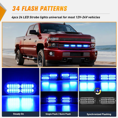 4PCS 24LED Emergency Strobe lights 12V 24V Blue Surface Mount Grille Hazard Safety Warning Light Sync Feature Side Flashing Marker Flash for Car Truck Campers