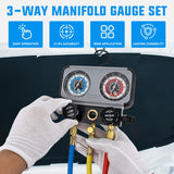 A/C Manifold Gauge Set Fits for R134a R410A R22 R404A 3-Way Auto HVAC Diagnostic Gauges Refrigerant Recharge kit with Adjustable Couplers 5FT Hoses Universal Can Tap