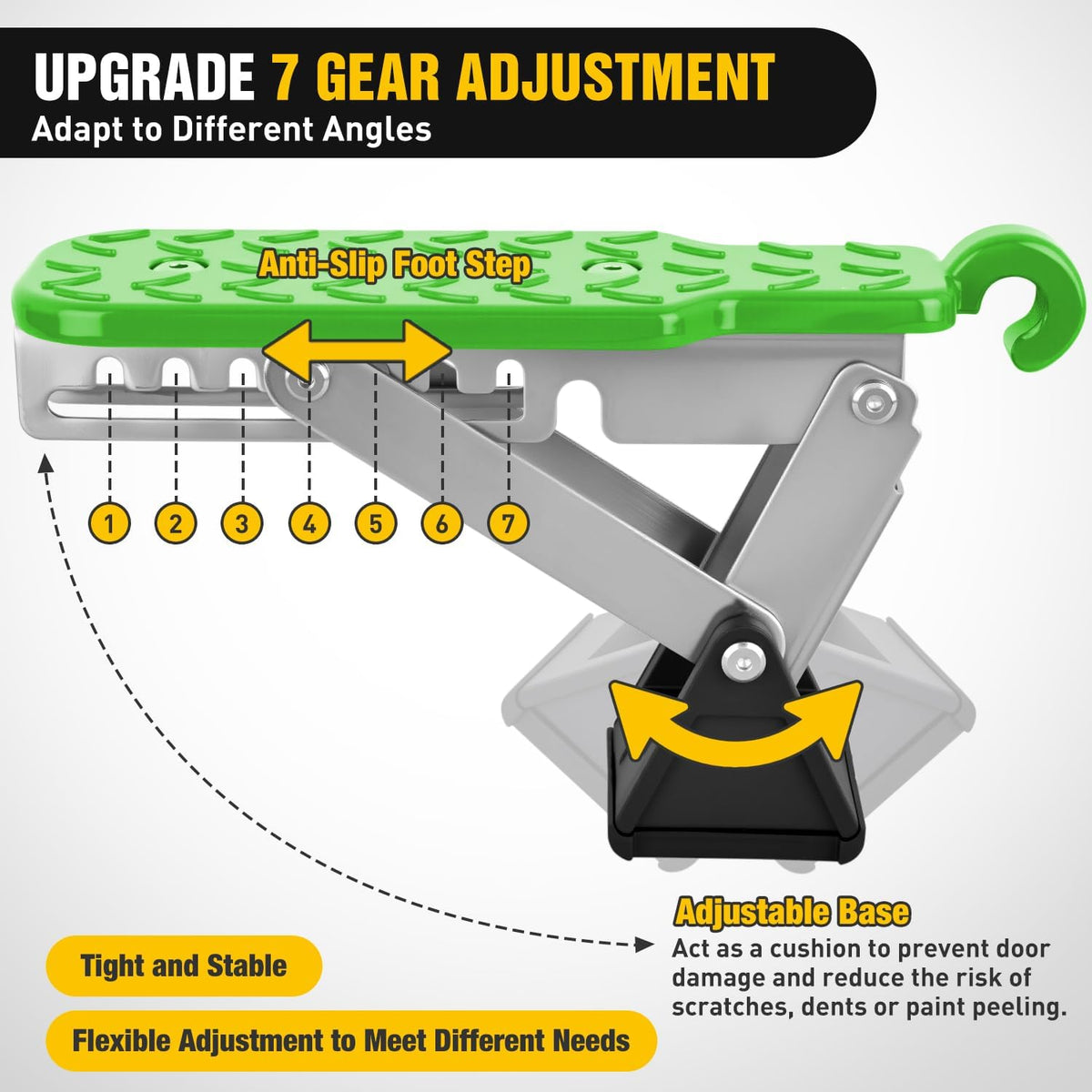 Car Door Step Universal Aluminum Latch Step for Car Roof Access Portable Folding Car Door Latch Hook Step Multi-Adjustable Both Feet Stand Pedal Max Load 500 Lbs for Truck SUV Vehicles, Green