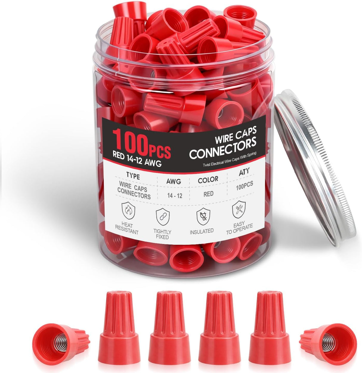 100PCS Red Wire Connectors Kit 14-12 AWG Electric Wire Caps Insulating Insert Twist Electrical Wire Terminal with Spring for Connect Electrical Wiring Automotive Car Truck Boats Marine