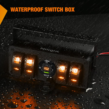 4 Gang Rocker Switch Box 12V SPST ON Off Toggle Switches PD Type C and QC 3.0 USB Sockcet Voltmeter LED Light Waterproof Aluminum Mount Bracket Panel DIY Stickers for Boat Car RV Truck
