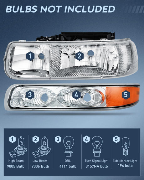 Headlight and Taillight Assembly Combo Compatible with 1999 2000 2001 2002 Chevy Silverado Fleetside only OE Style Chrome Housing Amber Reflector with Red Housing Tail Lights