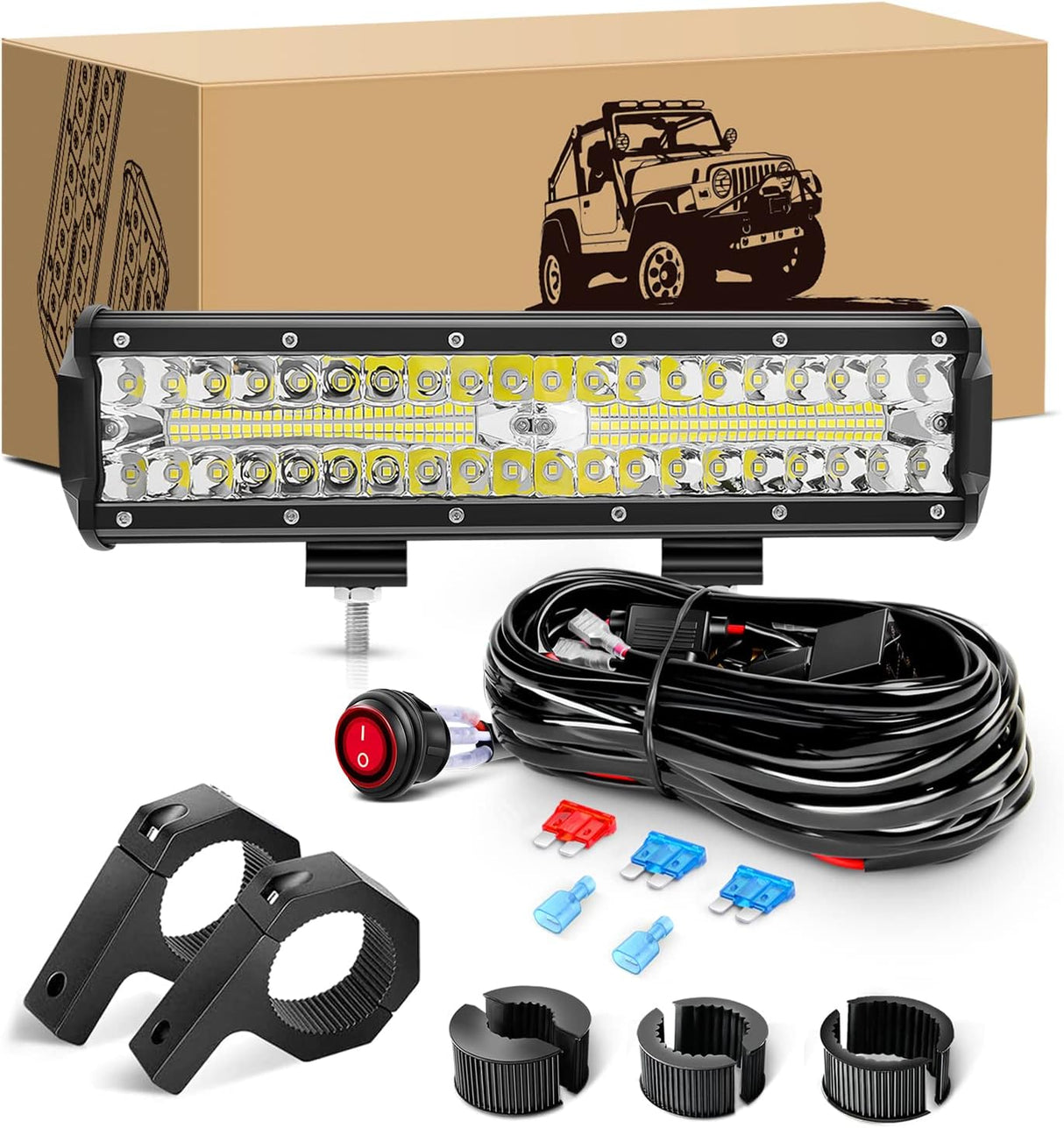 12Inch 300W Triple Row Led Light Bar Spot Flood Combo Off Road Lights Mounting Bracket Horizontal Bar Tube Clamp Led Lamp with Wiring Harness for Truck Golf Cart ATV UTV