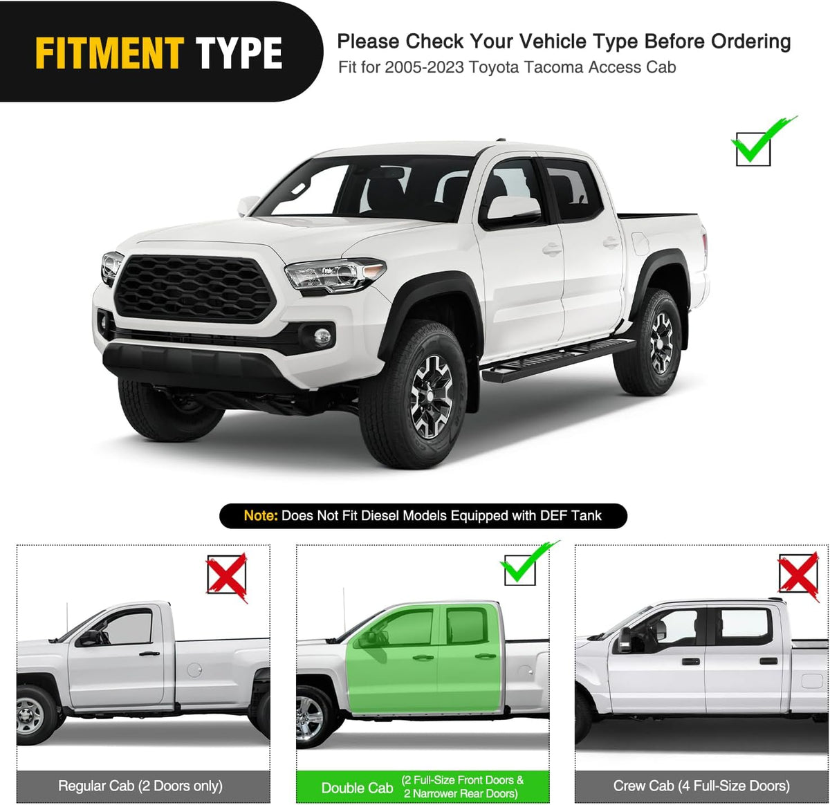 Running Boards for Toyota Tacoma 2005-2023 Double Cab | for 2 Full-Size Door & 2 Half-Size Door 6 Inch Side Step Nerf Bars Stainless Steel Black