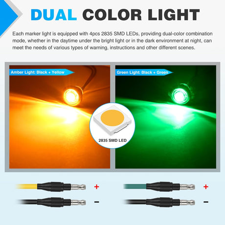 3/4 Inch Dual Color Marker Light 10PCS Amber to Green Turn Signal Auxiliary Side Marker Clearance Indicator Bullet Lights 3 Plug IP68 Waterproof for Trailer Truck Pickup Camper RV ATV UTV Van Bus