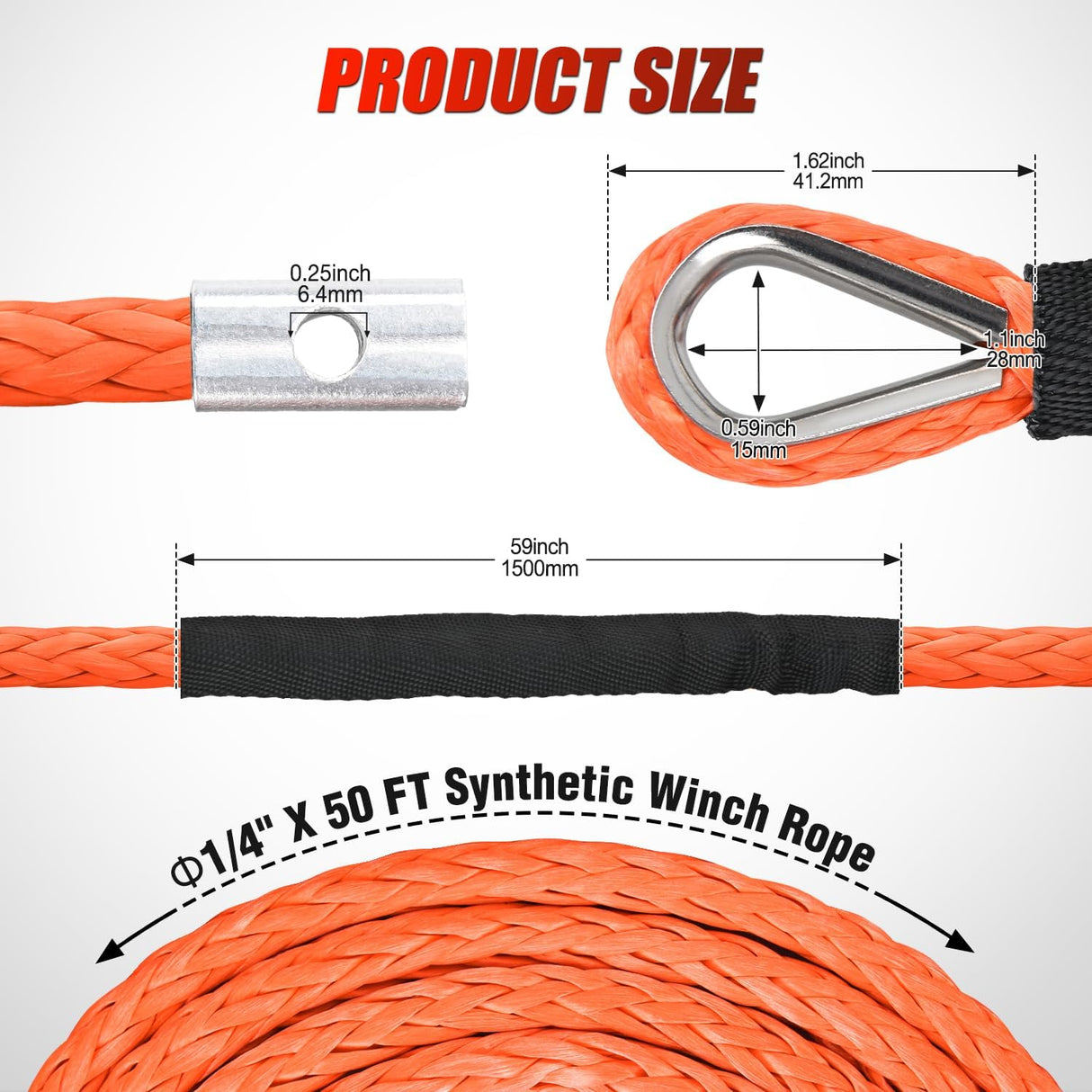 1/4 Inch x 50 ft Synthetic Winch Rope 9,000 LBS Winch Line Cable with Black Protective Sleeve Winch Line Ropes for ATV Winch with Synthetic Rope UTV Trailer Jeep Quad Polaris Winch Cable Orange