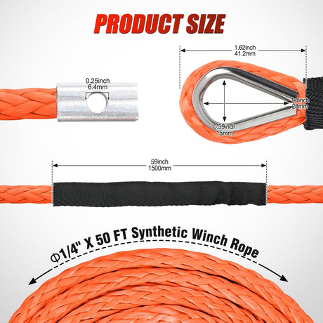 1/4 Inch x 50 ft Synthetic Winch Rope 9,000 LBS Winch Line Cable with Black Protective Sleeve Winch Line Ropes for ATV Winch with Synthetic Rope UTV Trailer Jeep Quad Polaris Winch Cable Orange
