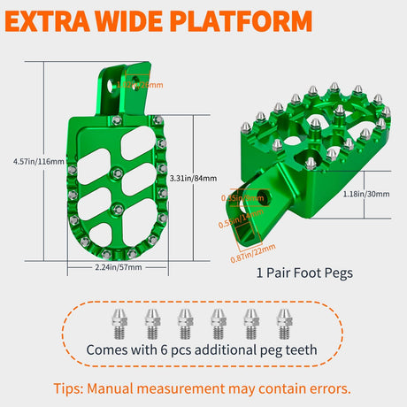 Motorcycle Foot Pegs Dirt Bike Footpegs Fit for Kawasaki KLX110 2002-2023 KLX110L 2010-2023 KX60 1998-2003 CNC Foot Pegs for Motorcycles Heavy Duty Aluminum Alloy Foot Rests, Green