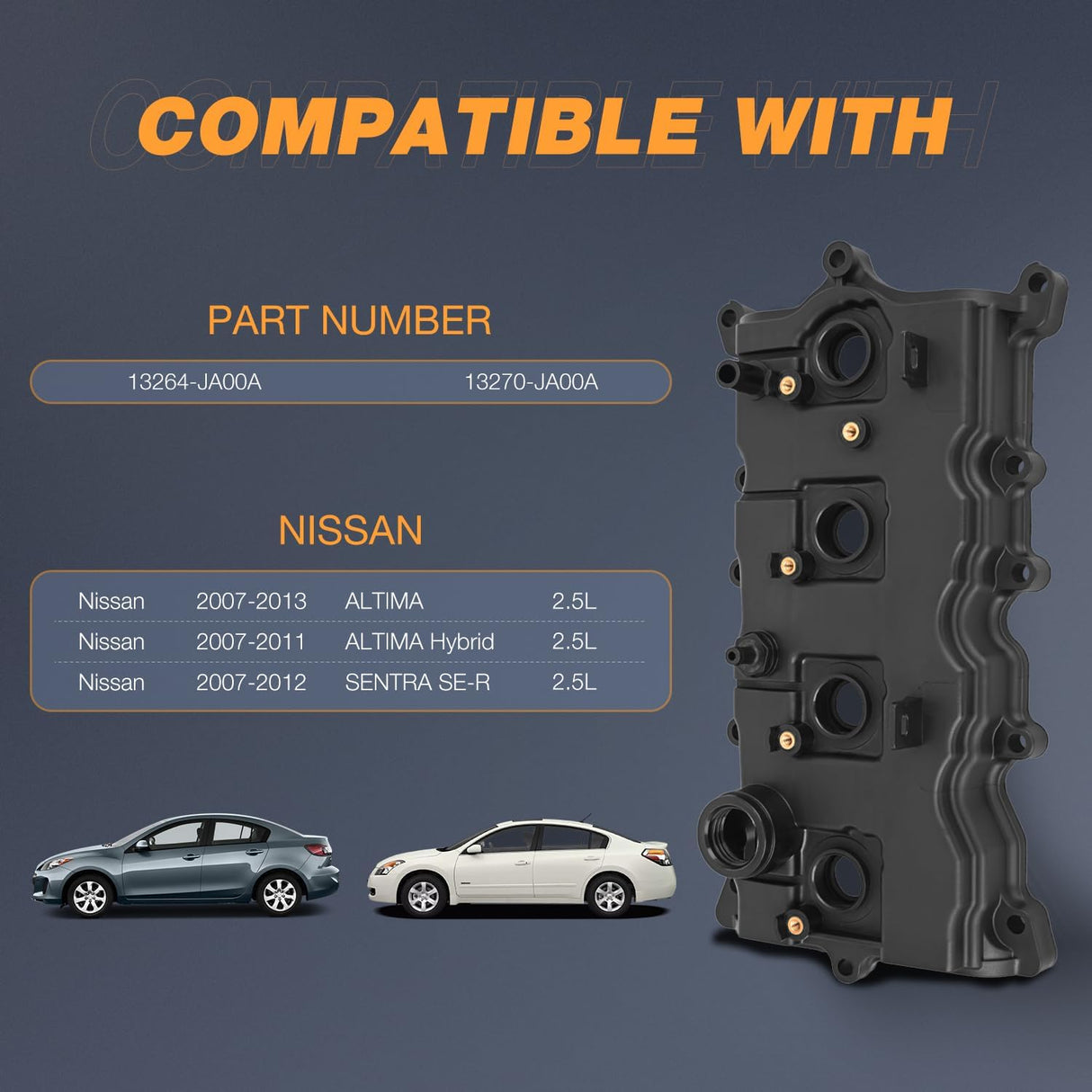 Engine Valve Cover with Gasket Kit for Nissan Altima 2007-2013 Sentra 2007-2012, 2.5L, Replace# 13264JA00A, 13270JA00A