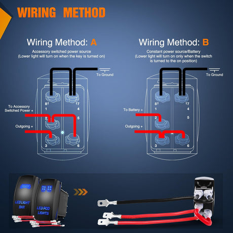 2 Pack Led Pod Lights Rocker Switch Light Bar 5 Pin Laser On Off SPST Switches 20A/12V 10A/24V Blue with Jumper Wires Set for Cars Trucks RVs