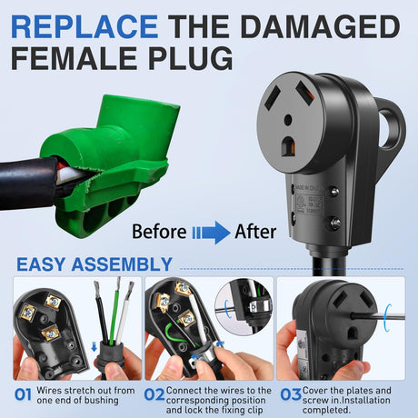 30 Amp RV Female Replacement Plug 125 Volt Heavy Duty Socket Receptacle with Handle ETL Listed NEMA TT-30R for Camper Caravan Motorhome Van Trailer