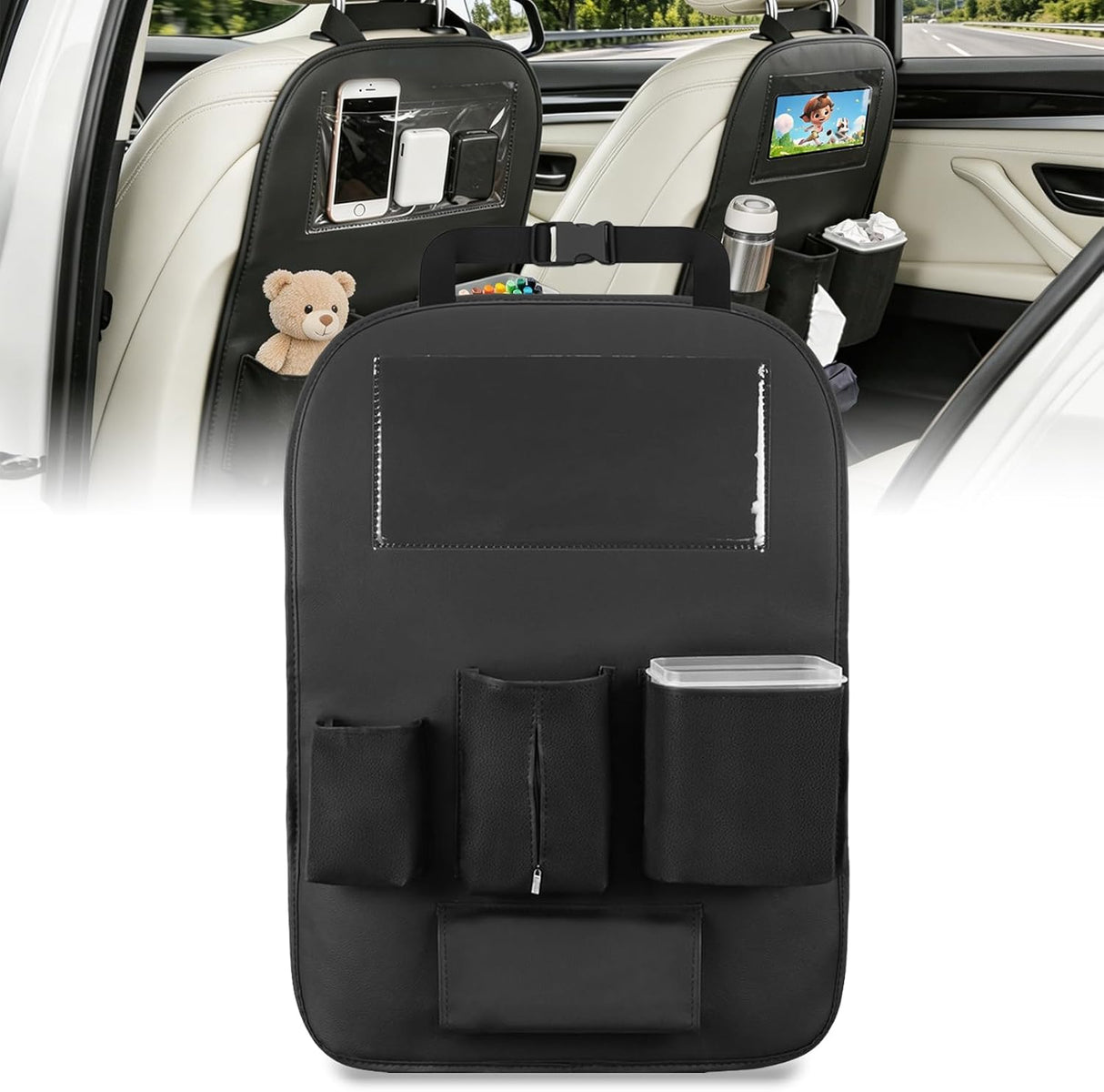 Car Seat Back Organizer 1PC Black PU Leather Universal | Cup Holder Tissue Box Removable Bucket Waterproof Multifunctional Storage Bag for Cars Vans SUVs MPVs Pickup Trucks