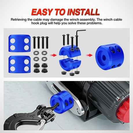 Winch Stopper for ATV UTV Truck SUV Winch Cable Hook Rubber Stopper 2 Pack Protect Towing Hook Synthetic Rope Winch Accessories Rope Line Saver with Stainless Steel Screws Allen Wrenc, Blue