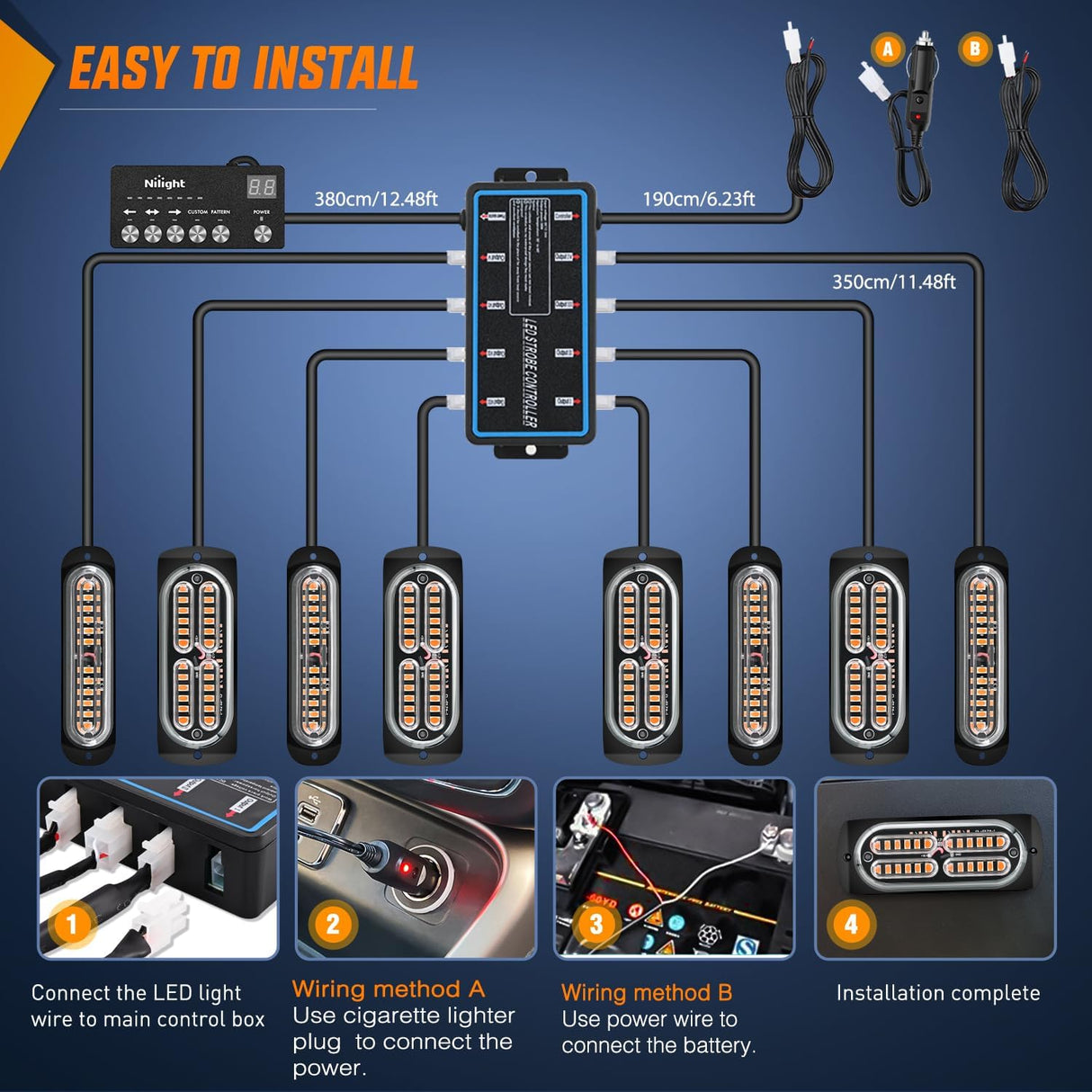 8PCS Led Strobe Lights with Controller 12V 24V Sync Feature Amber Light 12 24 LED Surface Mount Emergency Hazard Warning for Vehicle Car Truck RV ATV