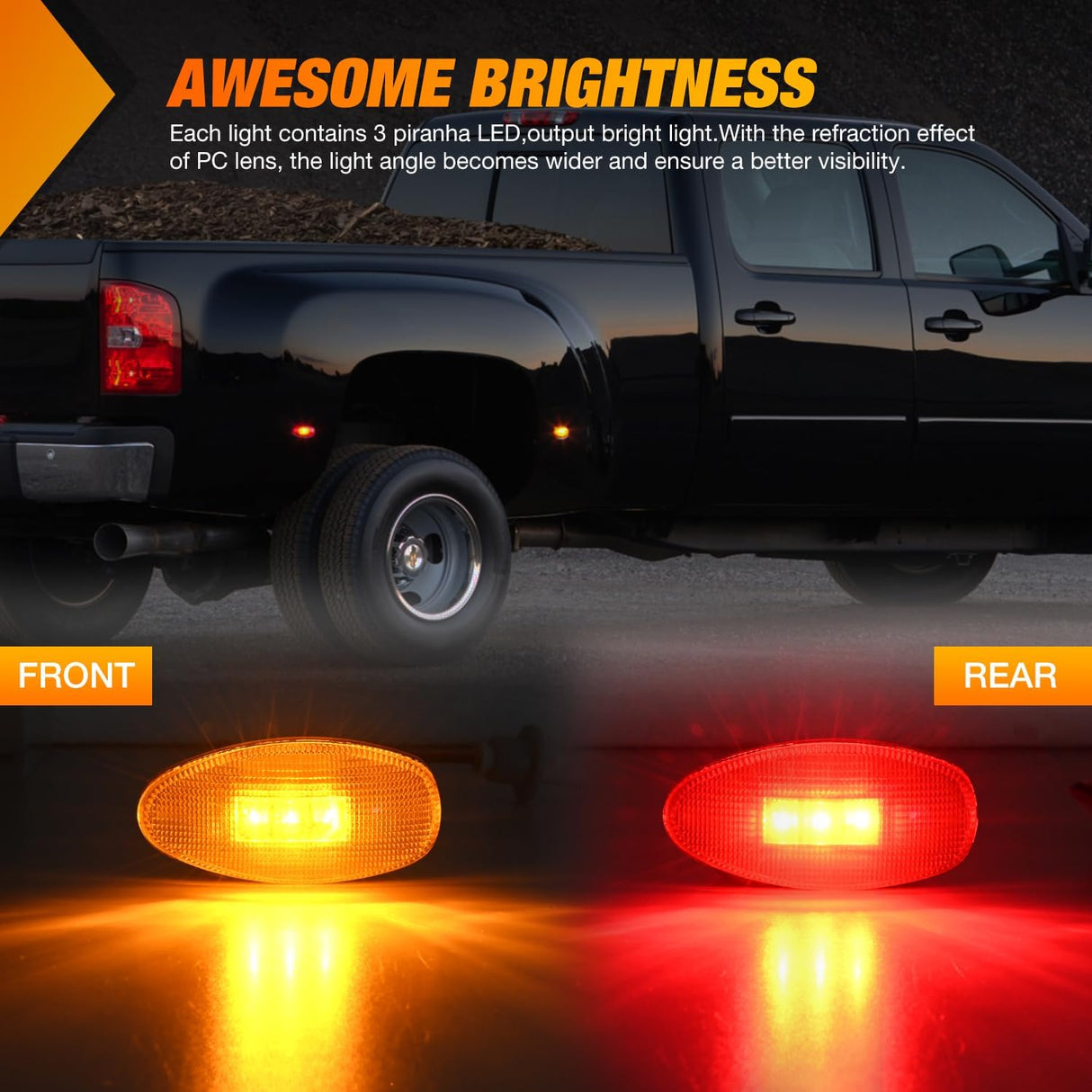 Fender Side Marker Lights 4 PCS 3 LED Red Amber Front Rear Clearance Light Compatible with 2001-2014 Chevy Silverado GMC Sierra 1500 2500HD 3500HD Dual Wheeler Trucks