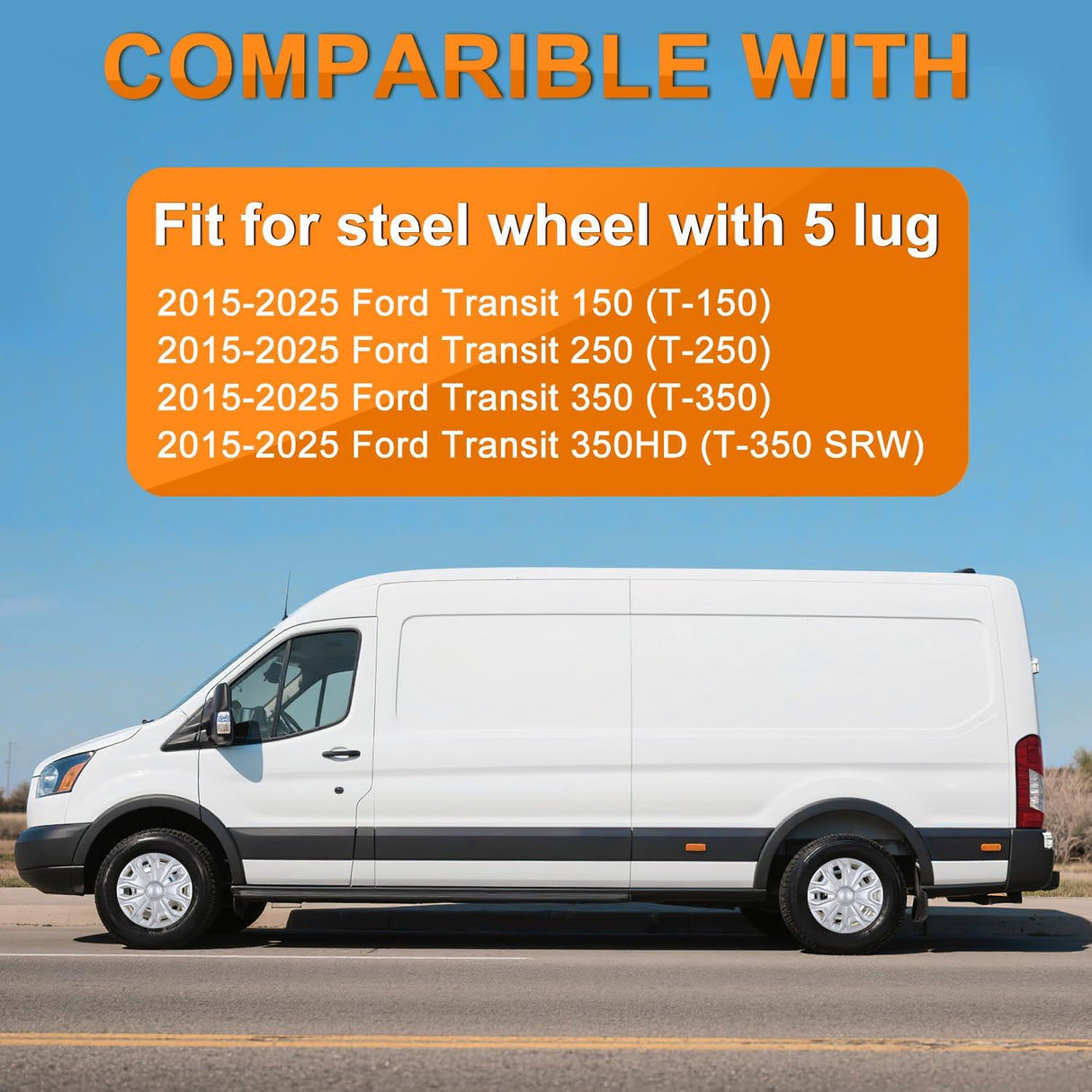 Wheel Cover Hubcaps 16 Inch for Ford Transit 150 250 350 350HD 2015 16 17 18 19 20 21 22 23 24 2025 Steel Wheel with 5 Lug 16 Hub Caps Set of 4 Rim Protector Wheel Covers Replacement, Silver