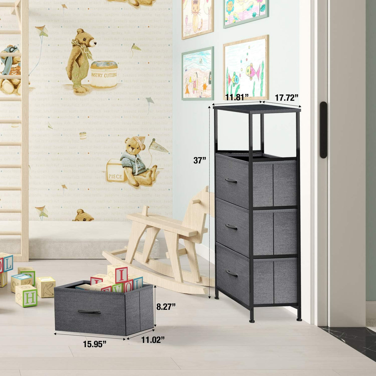 Storage Tower Units, Nightstand Dresser Organizer with 4 Drawers, Fabric Vertical, Steel Frame Wide Wood Top Small Dresser for Bedroom Hallway Entryway Closets, Easy Pull Handle, Black Grey