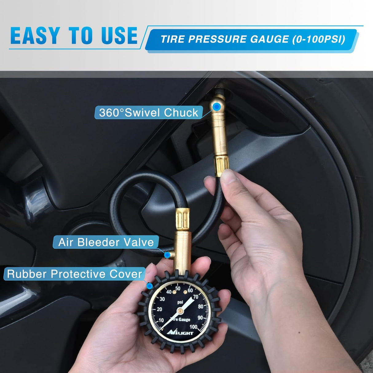 Tire Pressure Gauge 100PSI Heavy Duty Large 2 Inch Glow Dial ANSI B40.1 Certified Air Chucks Accurate Reading with Extended Hose for Truck Semi Truck ATV Motorhome Cars & RV Accessories