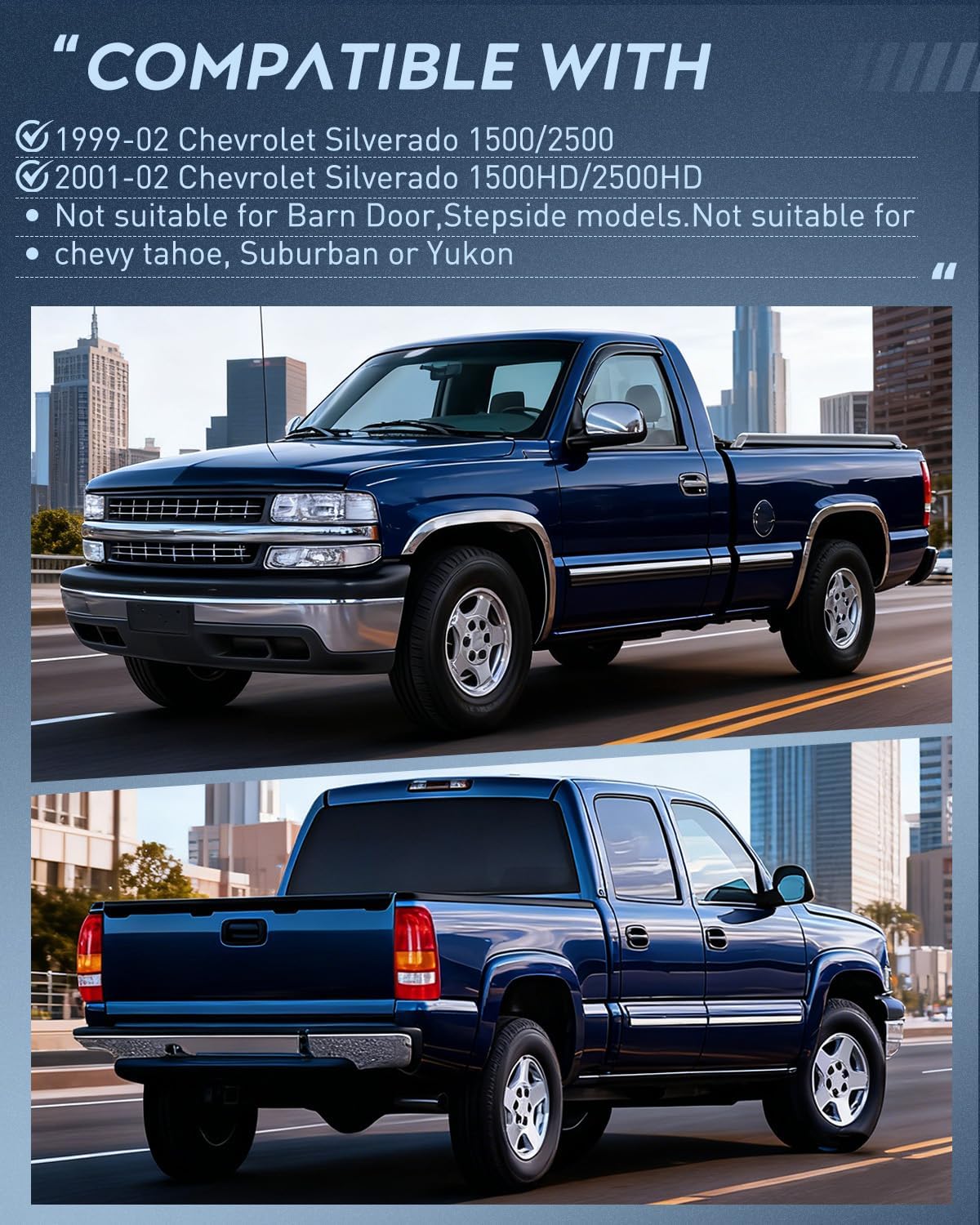 Headlight and Taillight Assembly Combo Compatible with 1999 2000 2001 2002 Chevy Silverado 1500 2500 1500HD 2500HD Fleetside only OE Style Chrome Housing Clear Reflector with Red Tail Lights
