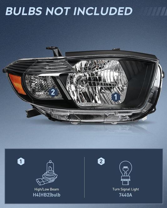 2008-2010 Toyota Highlander Headlight Assembly Black Housing Amber Reflector Nilight