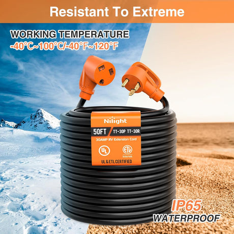 50FT 30 Amp RV Extension Cord with Adapter 15Amp to 30Amp 125V Heavy Duty 10/3 Gauge Pure Copper STW Wire UL ETL Listed 3 Prong TT-30P TT-30R Weatherproof Suit for Generators Campers